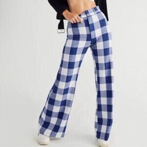 Free People Jules High Waist Plaid Flare Pants Blue /White Women's Size 0 (XS)